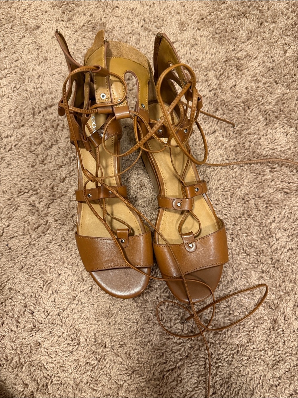 Coach Cognac Lace-Up Leather Sandals